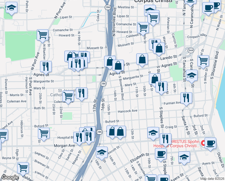 map of restaurants, bars, coffee shops, grocery stores, and more near 701 14th Street in Corpus Christi