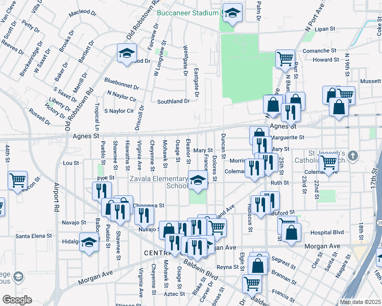map of restaurants, bars, coffee shops, grocery stores, and more near 617 Elesa Street in Corpus Christi