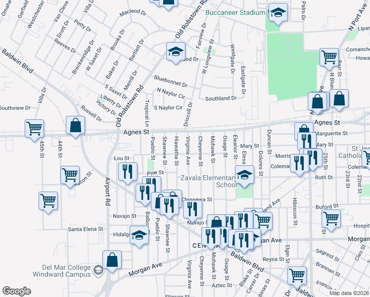 map of restaurants, bars, coffee shops, grocery stores, and more near 202 Virginia Avenue in Corpus Christi