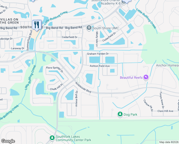 map of restaurants, bars, coffee shops, grocery stores, and more near 13421 Fladgate mark Drive in Riverview