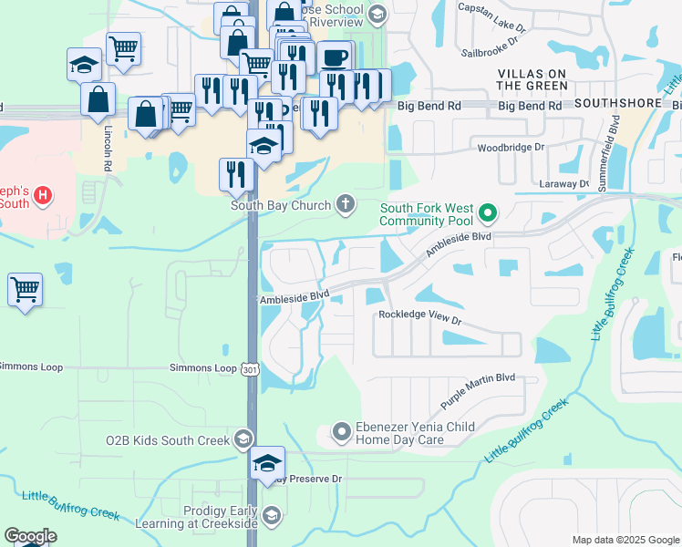 map of restaurants, bars, coffee shops, grocery stores, and more near 10622 Opus Drive in Riverview