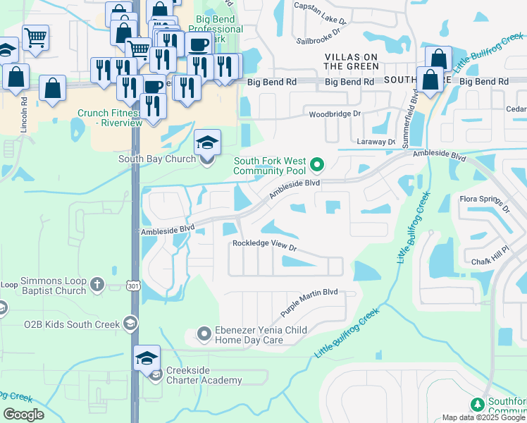 map of restaurants, bars, coffee shops, grocery stores, and more near 10814 Australian Pine Drive in Riverview