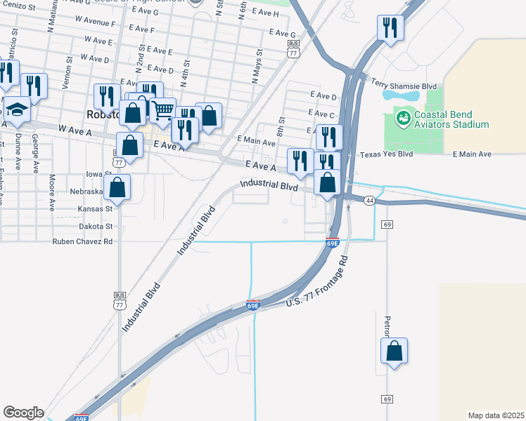 map of restaurants, bars, coffee shops, grocery stores, and more near 630 Wright Avenue in Robstown