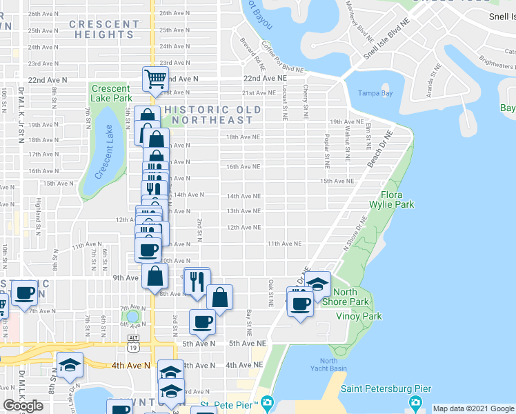 map of restaurants, bars, coffee shops, grocery stores, and more near 238 13th Avenue Northeast in St. Petersburg