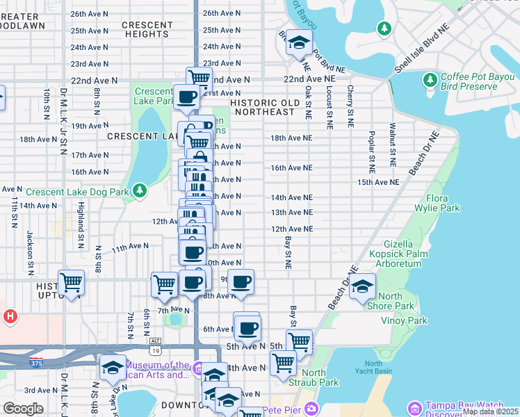 map of restaurants, bars, coffee shops, grocery stores, and more near 112 13th Avenue North in St. Petersburg