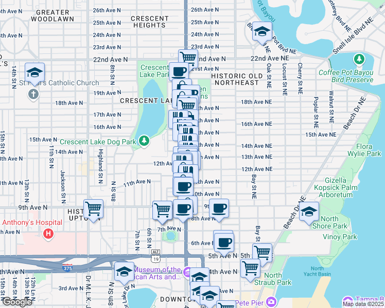 map of restaurants, bars, coffee shops, grocery stores, and more near 316 13th Avenue North in St. Petersburg
