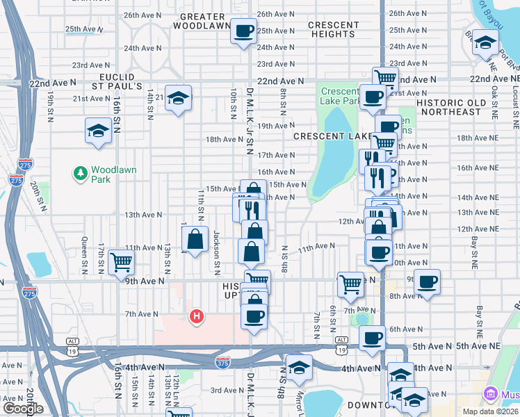 map of restaurants, bars, coffee shops, grocery stores, and more near 1231 Highland Street North in St. Petersburg