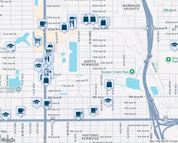 map of restaurants, bars, coffee shops, grocery stores, and more near 2720 13th Avenue North in St. Petersburg