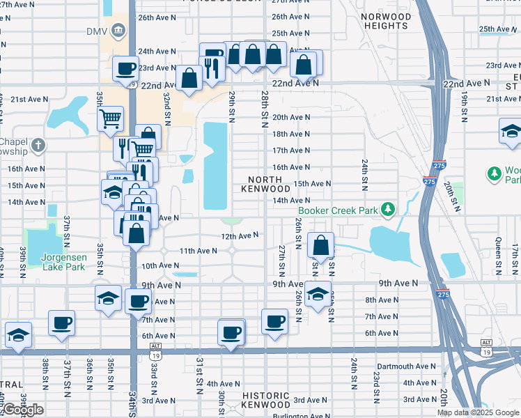 map of restaurants, bars, coffee shops, grocery stores, and more near 2720 13th Avenue North in St. Petersburg
