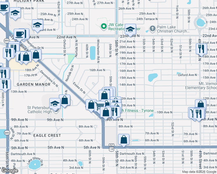 map of restaurants, bars, coffee shops, grocery stores, and more near 5811 13th Avenue North in St. Petersburg