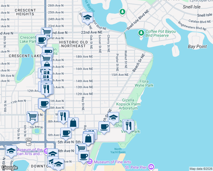 map of restaurants, bars, coffee shops, grocery stores, and more near 445 13th Avenue Northeast in St. Petersburg