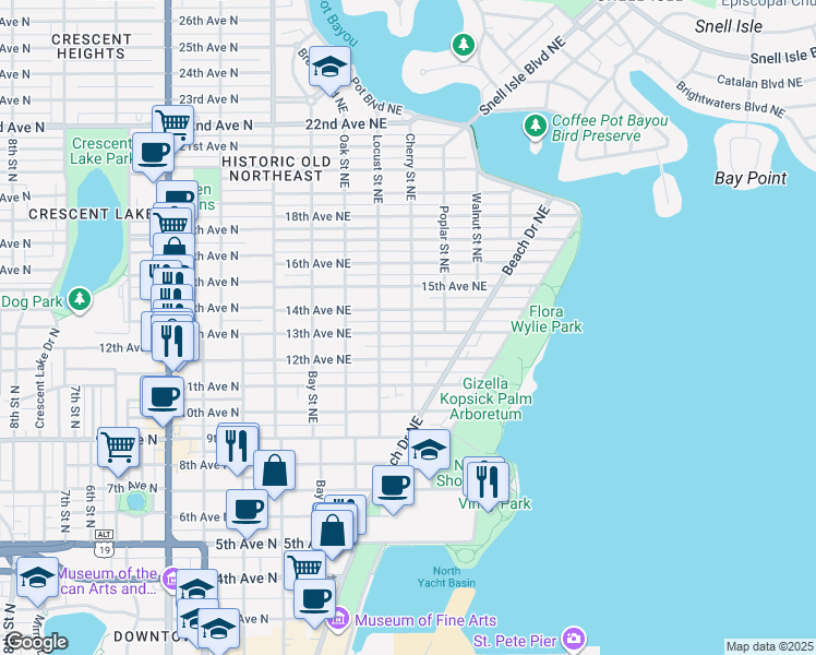 map of restaurants, bars, coffee shops, grocery stores, and more near 1224 Cherry Street Northeast in St. Petersburg