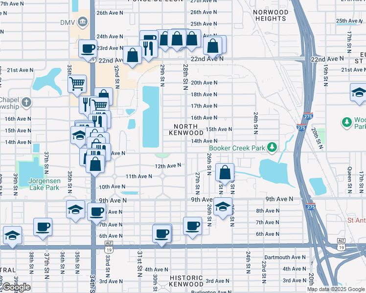 map of restaurants, bars, coffee shops, grocery stores, and more near 2720 13th Avenue North in St. Petersburg