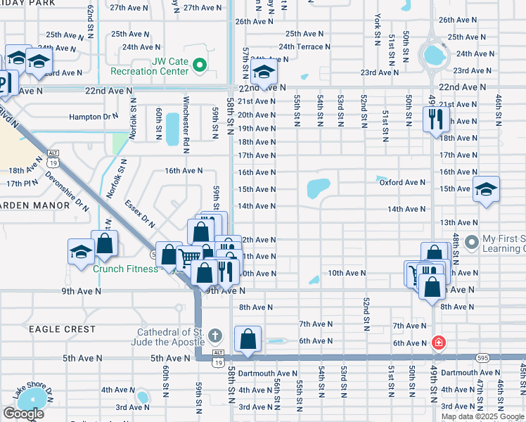 map of restaurants, bars, coffee shops, grocery stores, and more near 5615 13th Avenue North in St. Petersburg