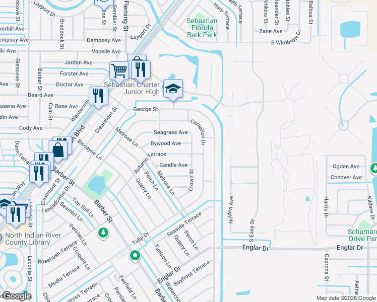 map of restaurants, bars, coffee shops, grocery stores, and more near 401 Candle Avenue in Sebastian