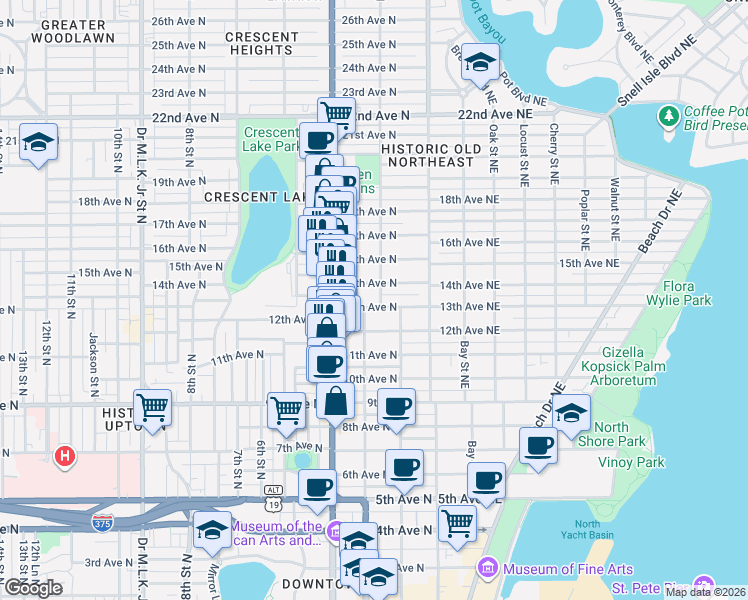 map of restaurants, bars, coffee shops, grocery stores, and more near 220 13th Avenue North in St. Petersburg