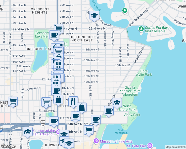 map of restaurants, bars, coffee shops, grocery stores, and more near 238 13th Avenue Northeast in St. Petersburg