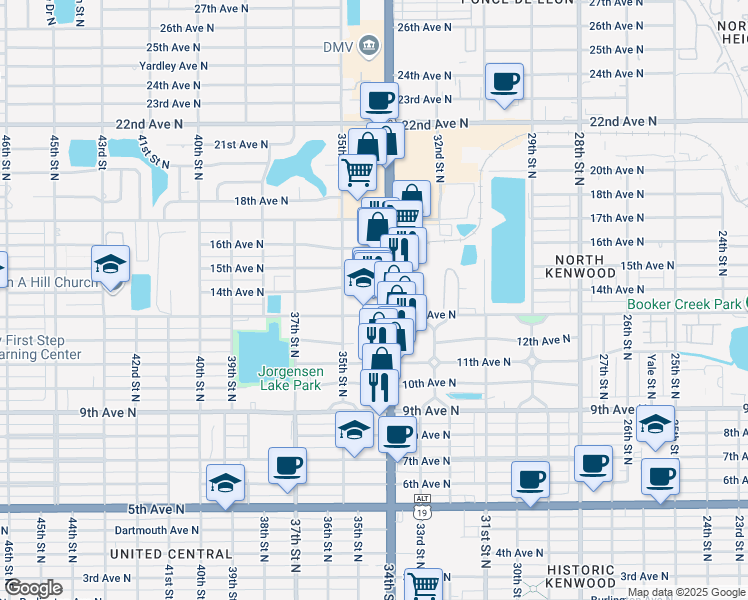 map of restaurants, bars, coffee shops, grocery stores, and more near 1266 34th Street North in St. Petersburg