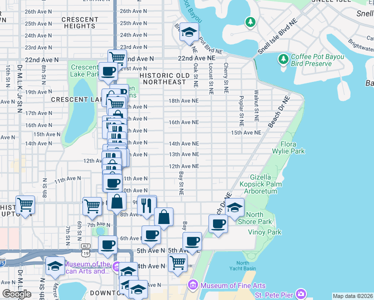 map of restaurants, bars, coffee shops, grocery stores, and more near 238 13th Avenue Northeast in St. Petersburg
