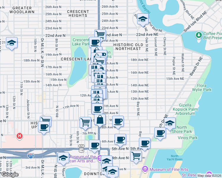 map of restaurants, bars, coffee shops, grocery stores, and more near 220 13th Avenue North in St. Petersburg