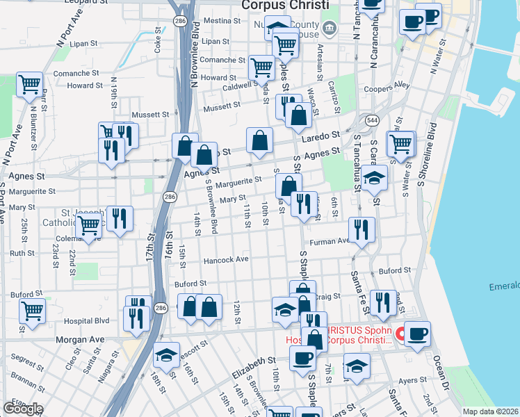 map of restaurants, bars, coffee shops, grocery stores, and more near 718 10th Street in Corpus Christi