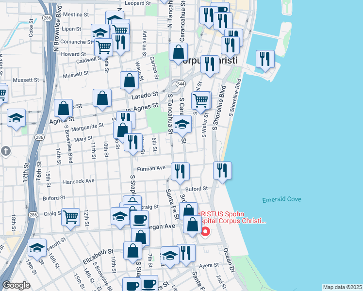 map of restaurants, bars, coffee shops, grocery stores, and more near 715 South Carancahua Street in Corpus Christi
