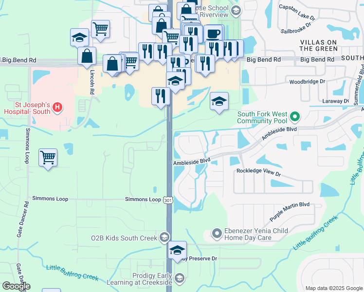 map of restaurants, bars, coffee shops, grocery stores, and more near 10506 Opus Drive in Riverview