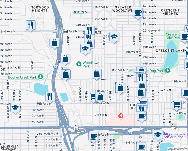 map of restaurants, bars, coffee shops, grocery stores, and more near 1401 16th Street North in St. Petersburg
