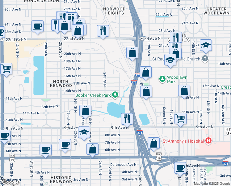 map of restaurants, bars, coffee shops, grocery stores, and more near 2225 14th Avenue North in St. Petersburg