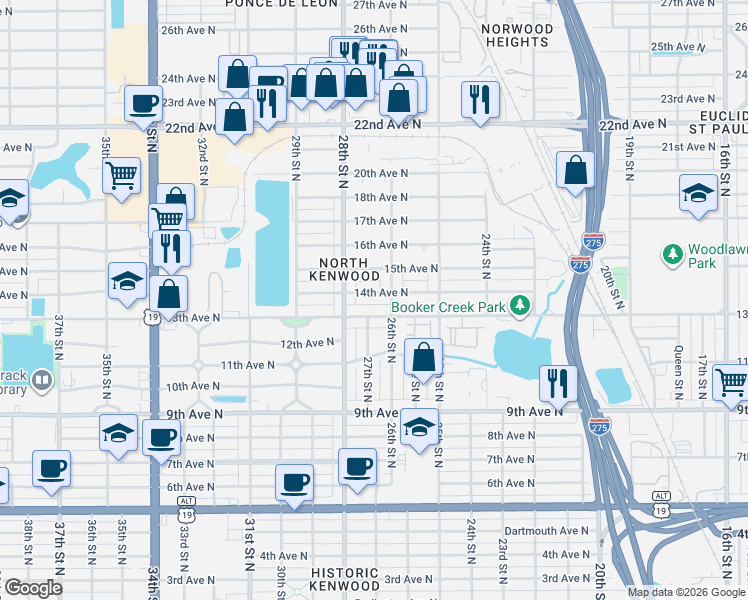 map of restaurants, bars, coffee shops, grocery stores, and more near 1418 26th Street North in St. Petersburg