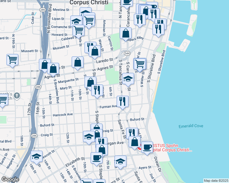 map of restaurants, bars, coffee shops, grocery stores, and more near 721 Park Avenue in Corpus Christi