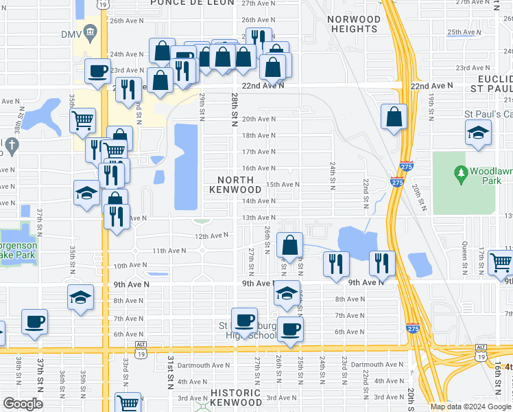 map of restaurants, bars, coffee shops, grocery stores, and more near 1418 26th Street North in St. Petersburg