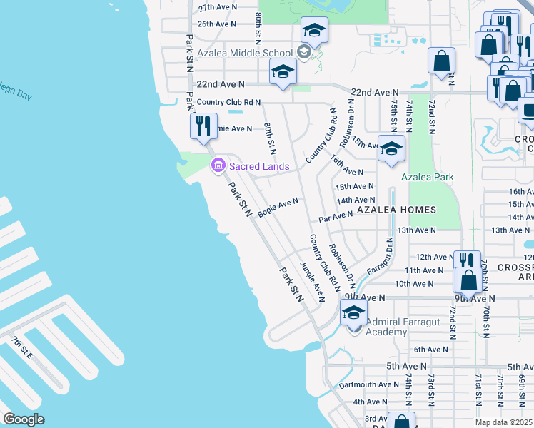map of restaurants, bars, coffee shops, grocery stores, and more near 7995 Bogie Avenue North in St. Petersburg