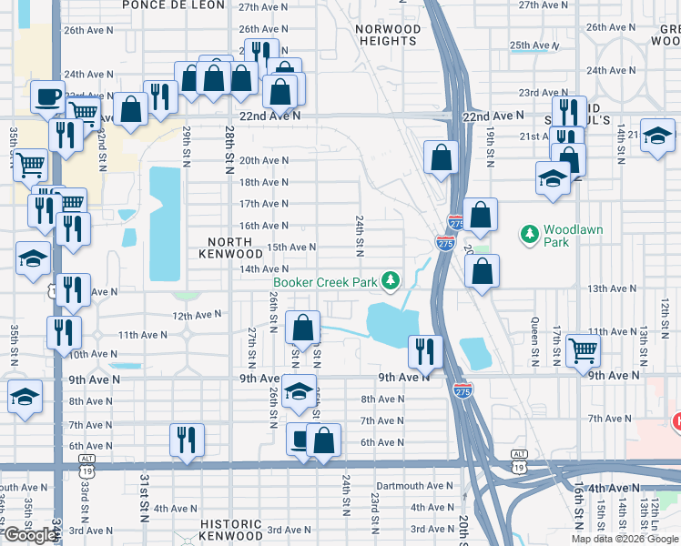 map of restaurants, bars, coffee shops, grocery stores, and more near 2465 14th Avenue North in St. Petersburg