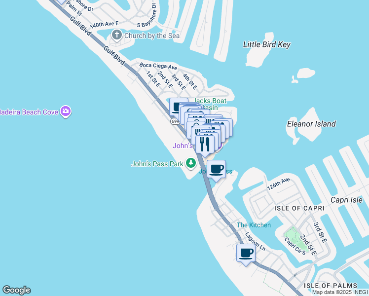 map of restaurants, bars, coffee shops, grocery stores, and more near 12960 Gulf Boulevard in Madeira Beach