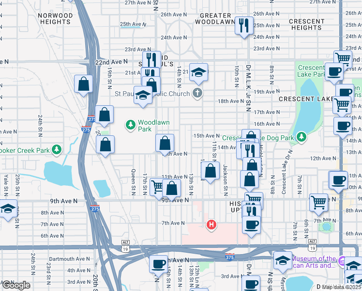 map of restaurants, bars, coffee shops, grocery stores, and more near 1420 14th Street North in St. Petersburg