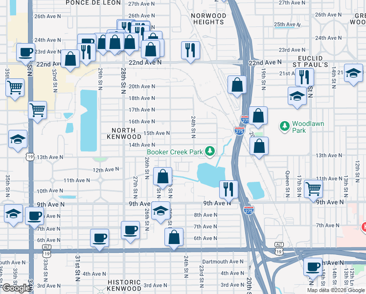 map of restaurants, bars, coffee shops, grocery stores, and more near 2465 14th Avenue North in St. Petersburg