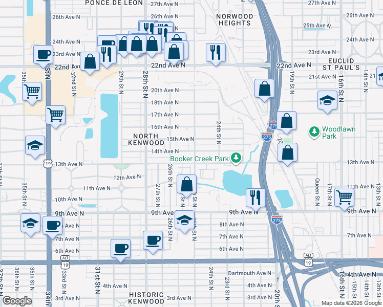 map of restaurants, bars, coffee shops, grocery stores, and more near 2526 15th Avenue North in St. Petersburg