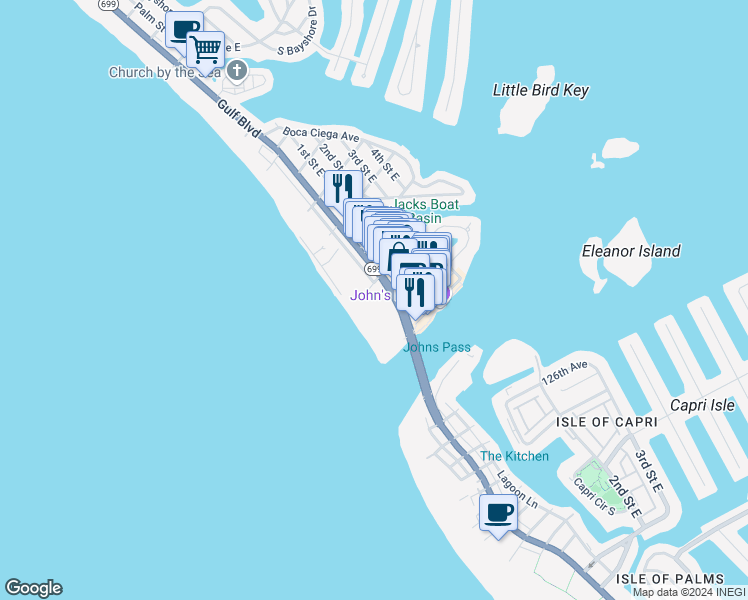 map of restaurants, bars, coffee shops, grocery stores, and more near 12960 Gulf Boulevard in Madeira Beach