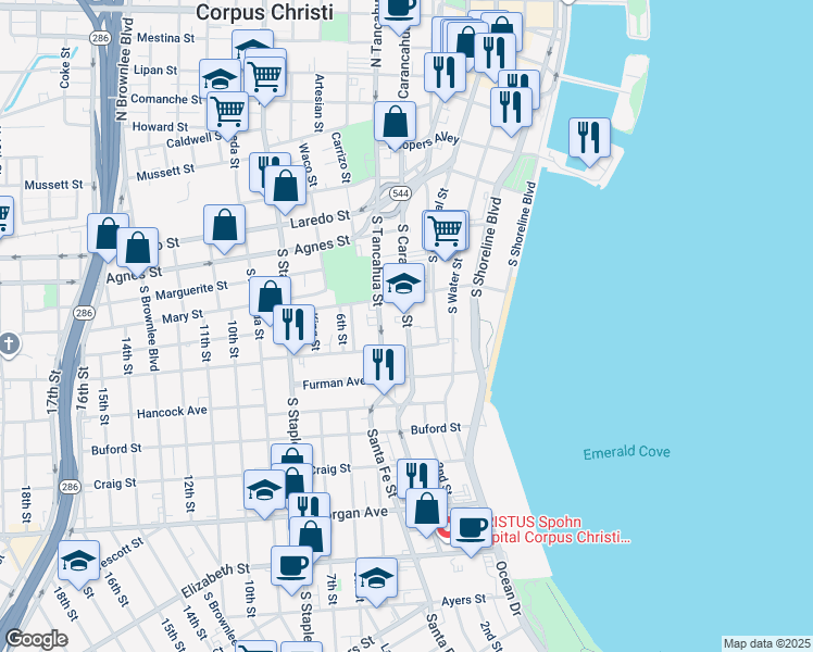 map of restaurants, bars, coffee shops, grocery stores, and more near 609 Park Avenue in Corpus Christi