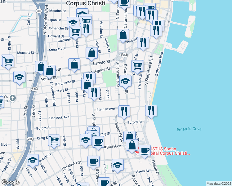 map of restaurants, bars, coffee shops, grocery stores, and more near 721 Park Avenue in Corpus Christi