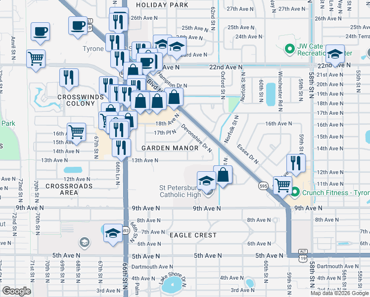 map of restaurants, bars, coffee shops, grocery stores, and more near 6336 17th Terrace North in St. Petersburg