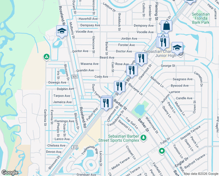 map of restaurants, bars, coffee shops, grocery stores, and more near 874 Dale Circle in Sebastian