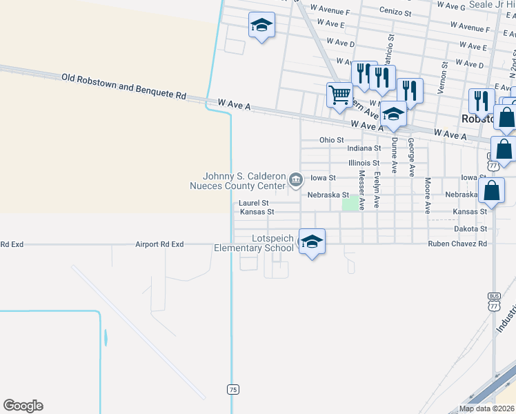 map of restaurants, bars, coffee shops, grocery stores, and more near 515 Pat Shutter Street in Robstown