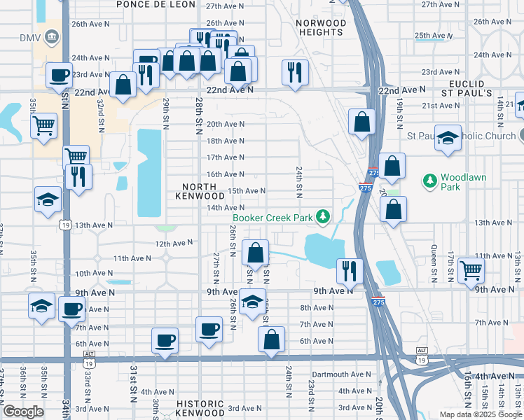 map of restaurants, bars, coffee shops, grocery stores, and more near 2526 15th Avenue North in St. Petersburg