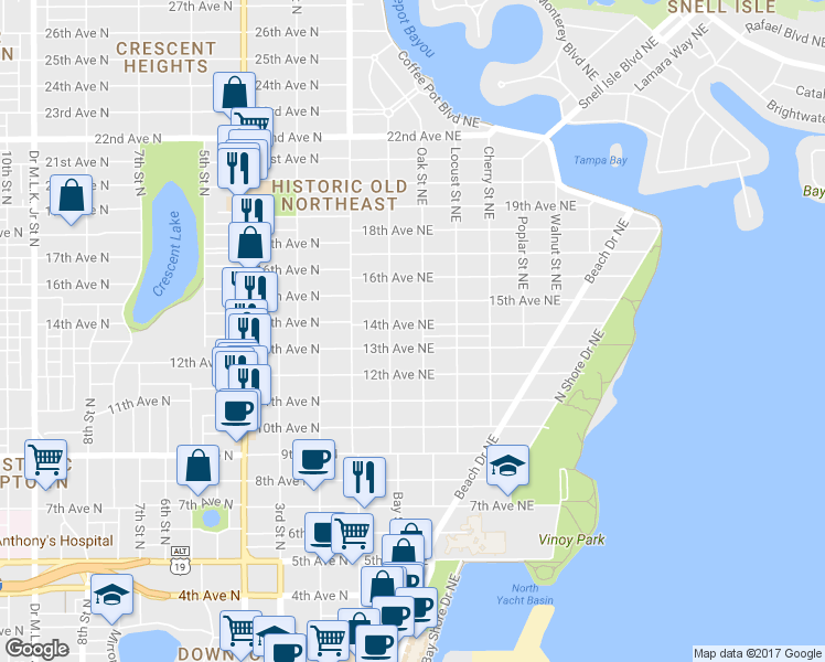 map of restaurants, bars, coffee shops, grocery stores, and more near 255 14th Avenue Northeast in St. Petersburg