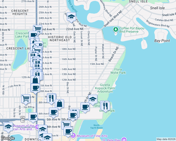 map of restaurants, bars, coffee shops, grocery stores, and more near 1330 Cherry Street Northeast in St. Petersburg