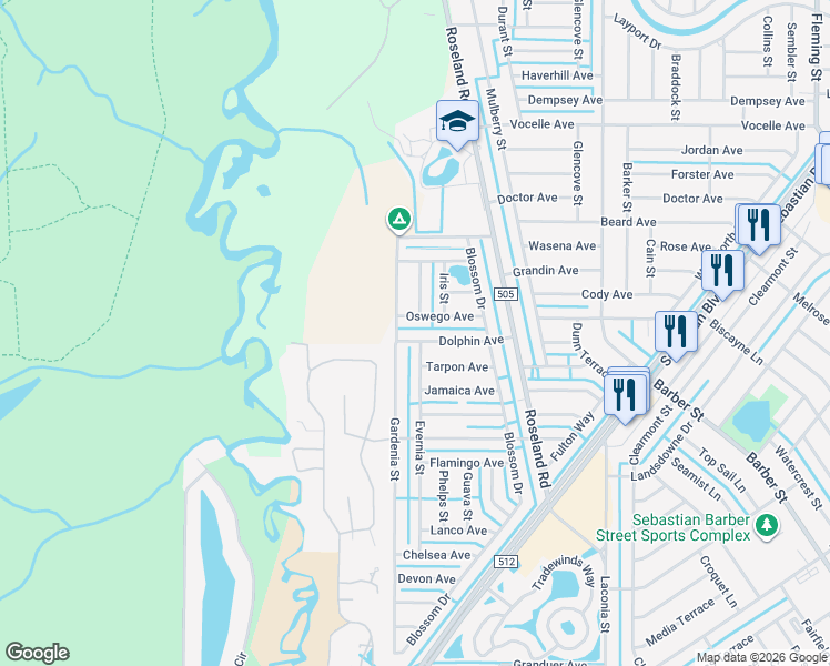 map of restaurants, bars, coffee shops, grocery stores, and more near 973 Oswego Avenue in Sebastian