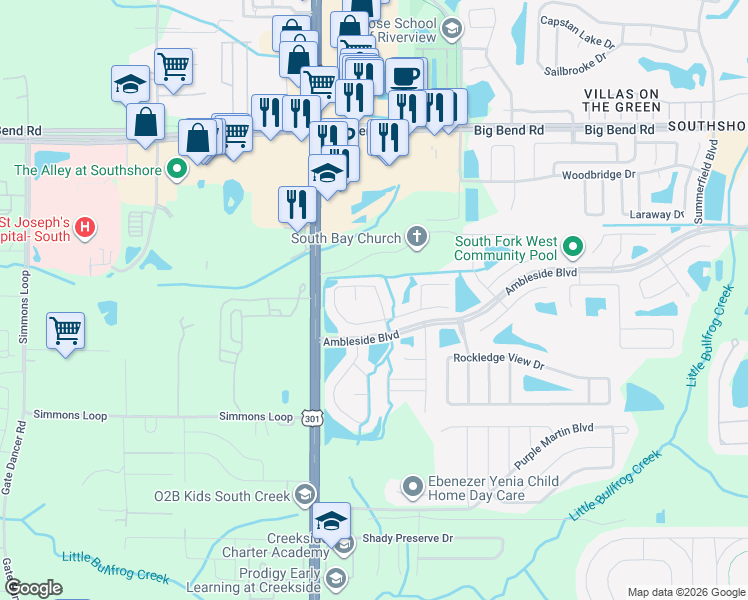map of restaurants, bars, coffee shops, grocery stores, and more near 10414 Opus Drive in Riverview