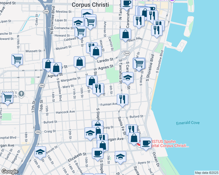 map of restaurants, bars, coffee shops, grocery stores, and more near 721 Park Avenue in Corpus Christi